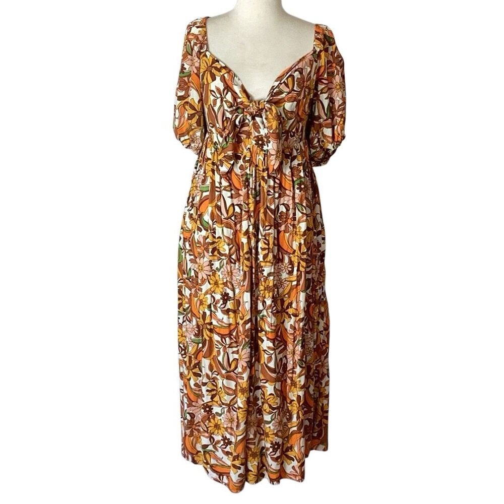 ELOQUII Sz 18 Retro Floral Tie Front Puff Sleeve Maxi Dress 70s Boho - Picture 2 of 10